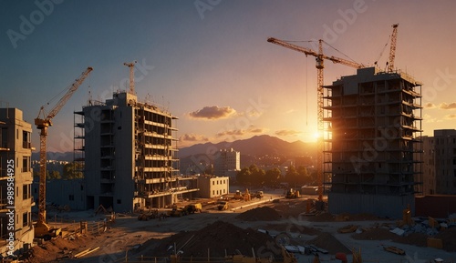 Construction site with cranes and buildings under sunset sky.