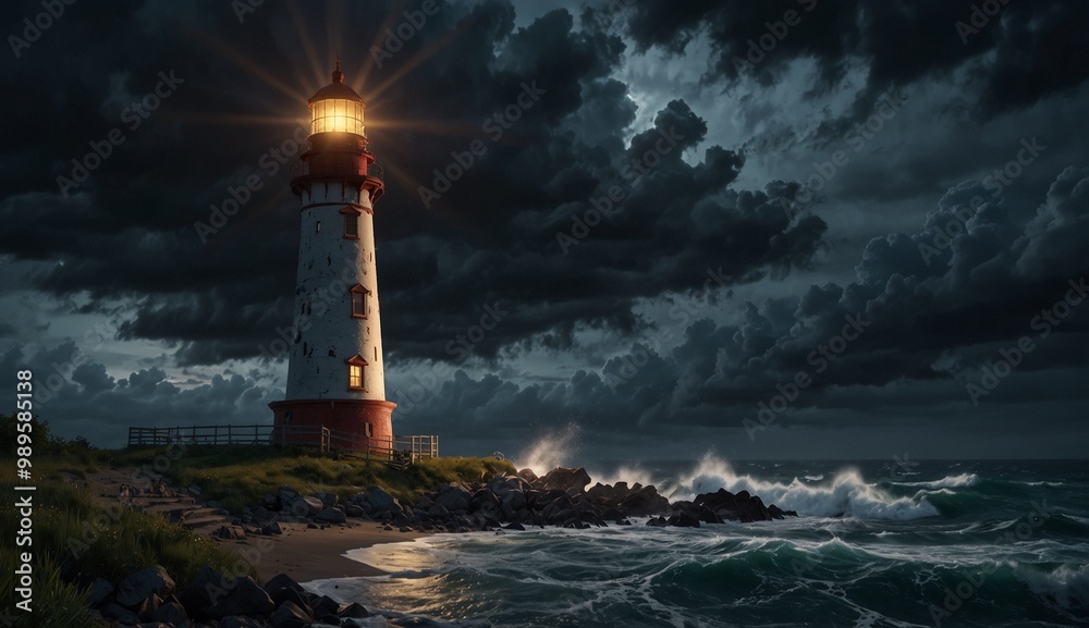 Illuminated lighthouse on stormy coastal night with crashing waves Illuminated lighthouse on stormy coastal night with crashing waves