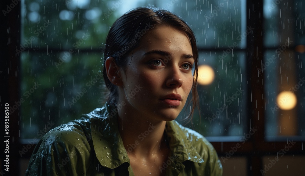 Fototapeta premium Woman in raincoat looks thoughtful as raindrops fall outside