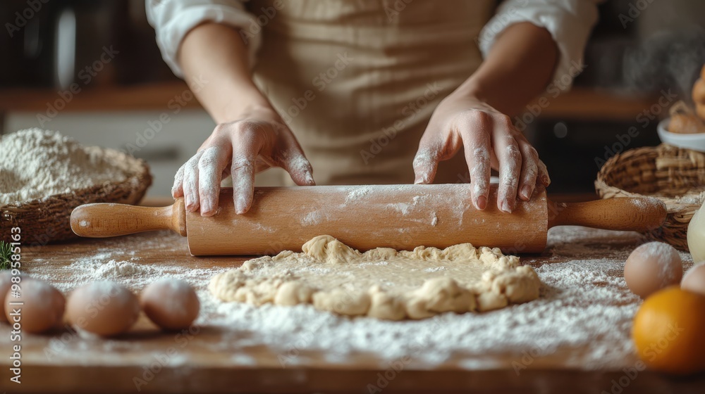 Baker rolling out dough on a floured wooden surface, surrounded by fresh ingredients, highlighting the art of homemade bread or pastry preparation Baker rolling out dough on a floured wooden surface, surrounded by fresh ingredients, highlighting the art of homemade bread or pastry preparation