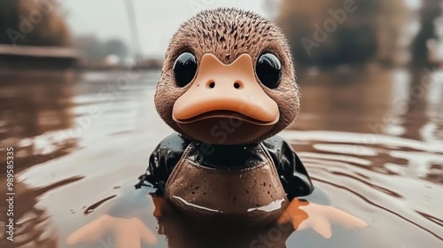 A cute baby platypus with an expressive face is seen swimming in calm, shallow water, capturing a serene and innocent moment in nature's aquatic environment. photo