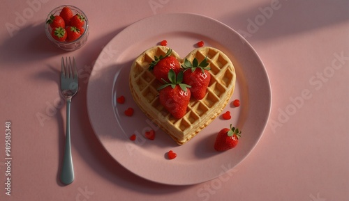 Heart-shaped waffle on pink plate with fresh strawberries and fork. photo