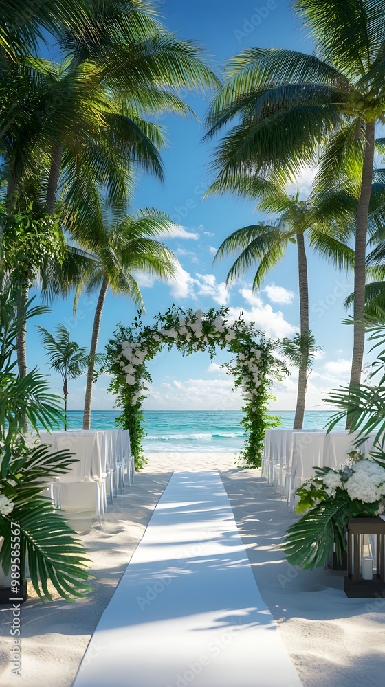 Fototapeta premium Beautiful blue and white wedding aisle by beach picture