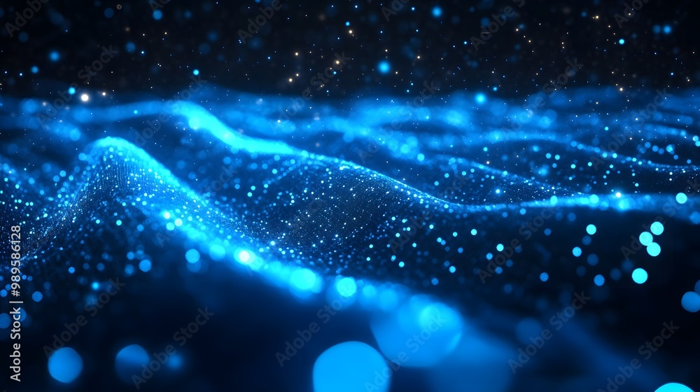 Abstract blue glowing light waves and data flow in a space background for technology, Abstract blue glowing light waves and data flow in a space background for technology,