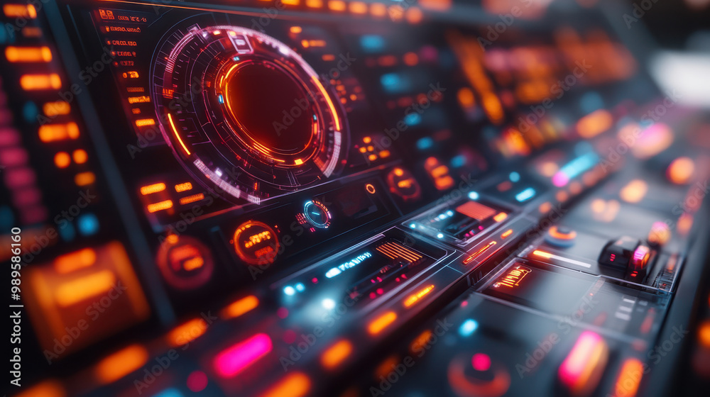 Futuristic control panel with glowing holographic displays and colorful digital interface buttons, symbolizing advanced technology, innovation, and interactive digital environments in modern systems Futuristic control panel with glowing holographic displays and colorful digital interface buttons, symbolizing advanced technology, innovation, and interactive digital environments in modern systems