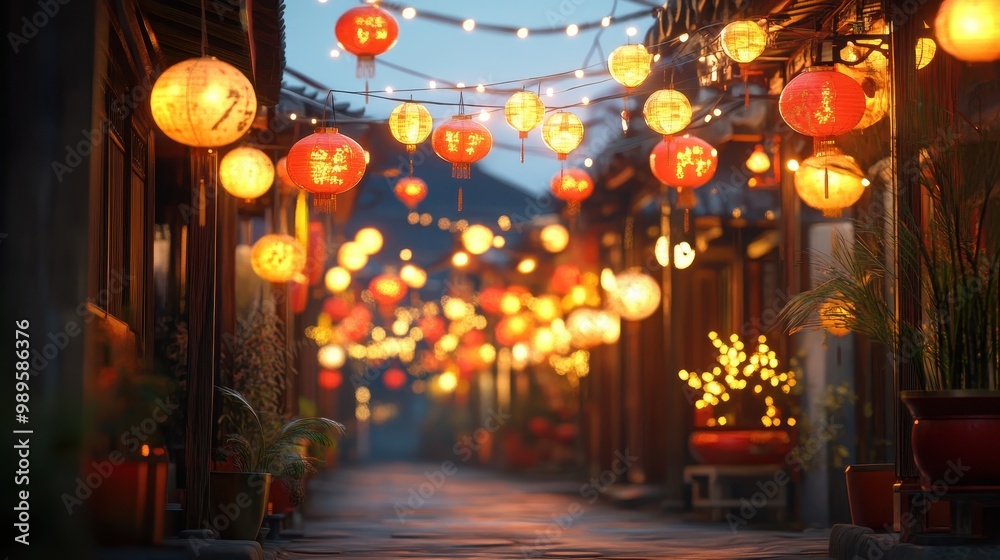 Obraz premium Illuminated Street in a Chinese Town with Red Lanterns