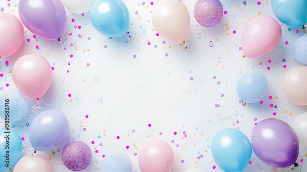 A colorful balloon arch with glitter and confetti on a white background, shown from a top view. A birthday party frame border with pastel pink A colorful balloon arch with glitter and confetti on a white background, shown from a top view. A birthday party frame border with pastel pink