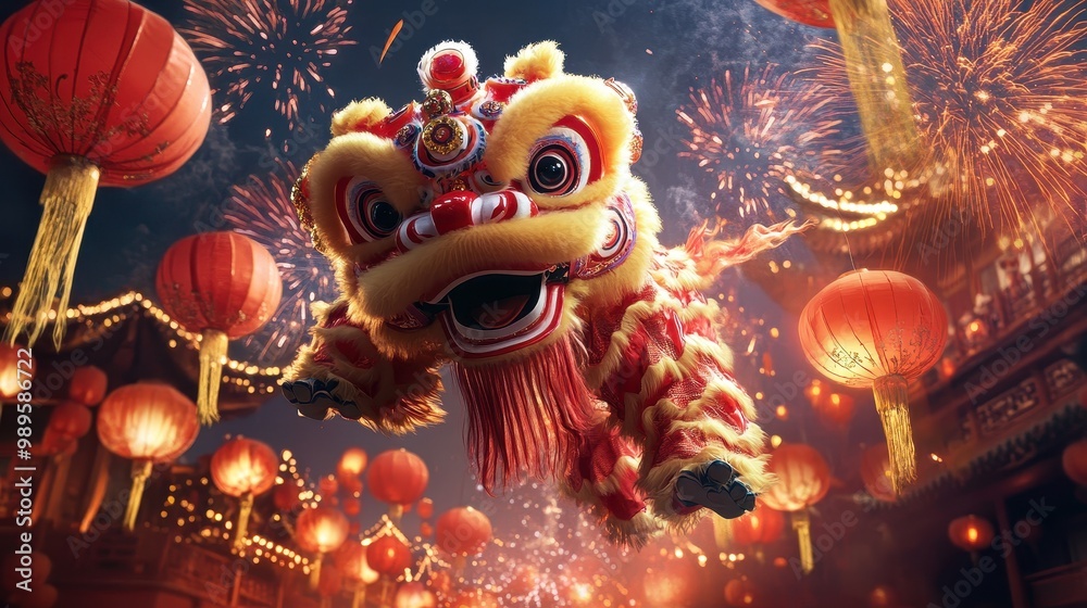 Naklejka premium A Lion Dance Performance with Fireworks and Lanterns
