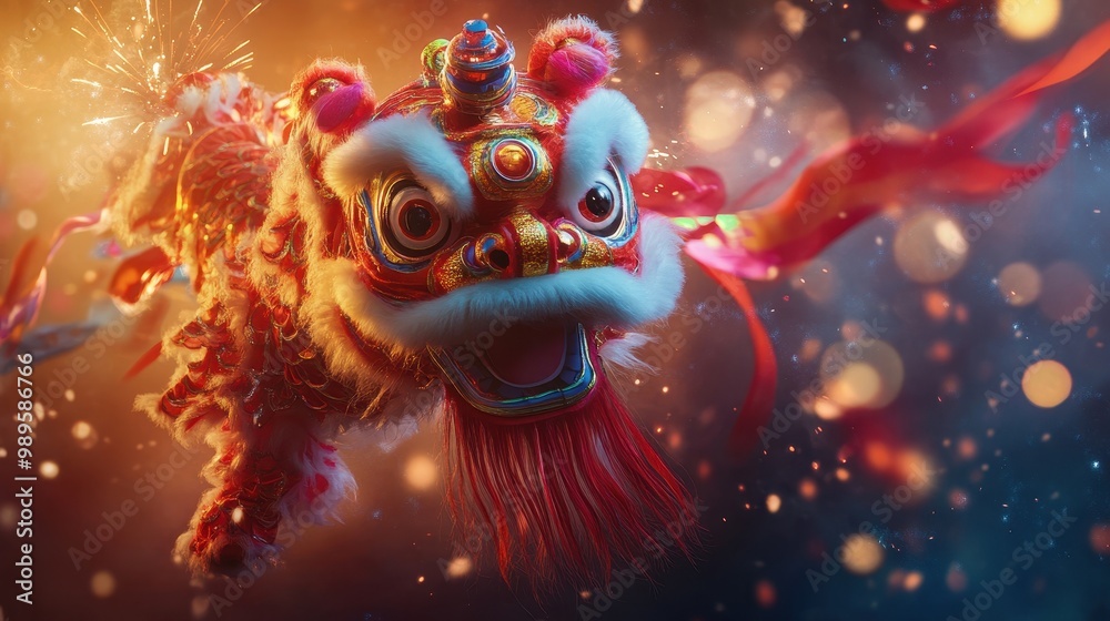 A Red Chinese Lion Dance Costume with Gold and Blue Accents A Red Chinese Lion Dance Costume with Gold and Blue Accents