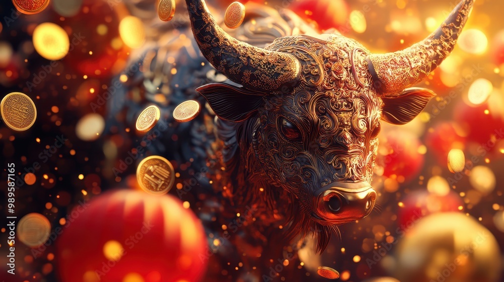 Obraz premium Ornate Golden Bull with Falling Coins and Red Ornaments