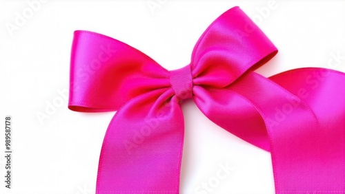 Pink satin ribbon with bow on white background, top view