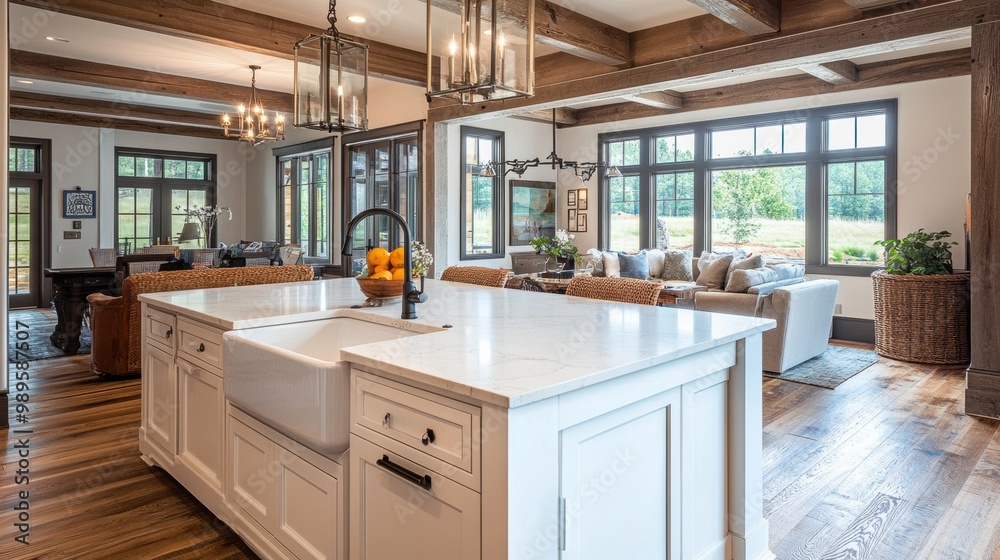 Elegant Traditional Kitchen With Farmhouse Sink and Spacious Island in a New Luxury Home. Generative AI Elegant Traditional Kitchen With Farmhouse Sink and Spacious Island in a New Luxury Home. Generative AI