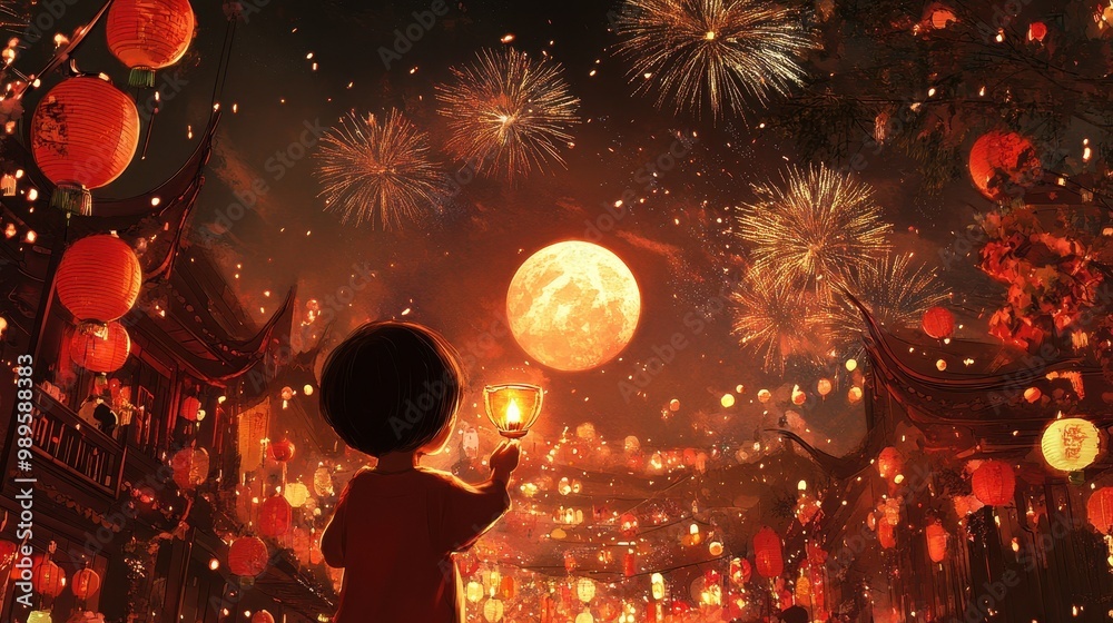 A Child Holding a Lantern Under a Full Moon and Fireworks A Child Holding a Lantern Under a Full Moon and Fireworks
