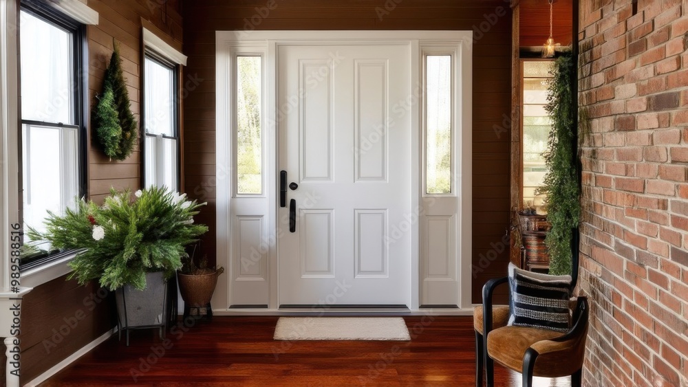 A cozy entryway with brown and brick walls, hardwood flooring, decorations, and a white front door with windows A cozy entryway with brown and brick walls, hardwood flooring, decorations, and a white front door with windows