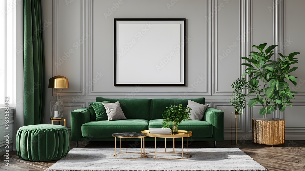 Modern living room with green velvet sofa, gold accents, and indoor plants Modern living room with green velvet sofa, gold accents, and indoor plants