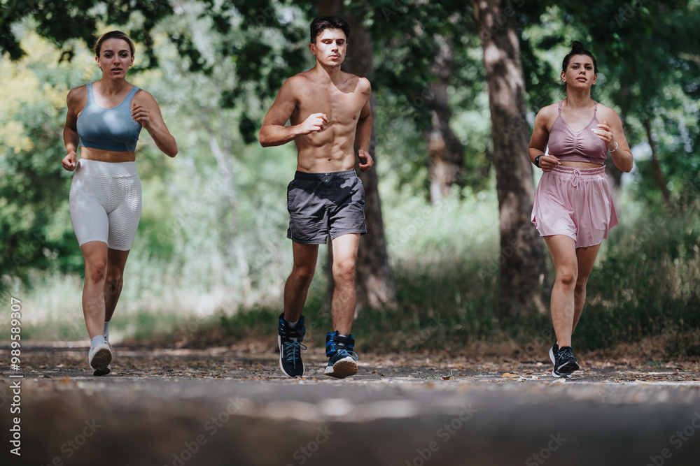 Fototapeta premium A group of young adults jogging together in a park on a sunny day, showcasing fitness, health, and active lifestyles.