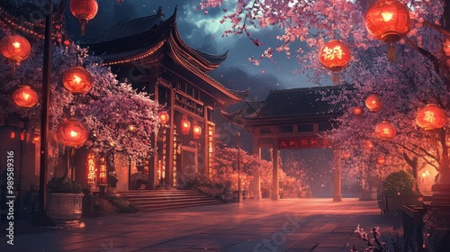 Illuminated Chinese Temple Pathway Adorned with Lanterns and Cherry Blossoms