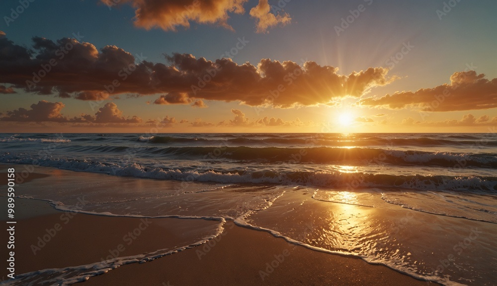 Obraz premium Beautiful sunset over the ocean with waves gently hitting shore.