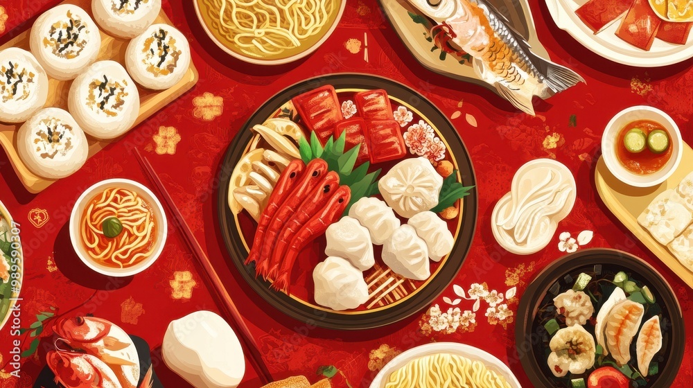 A Feast of Traditional Chinese Dishes on a Red Tablecloth A Feast of Traditional Chinese Dishes on a Red Tablecloth