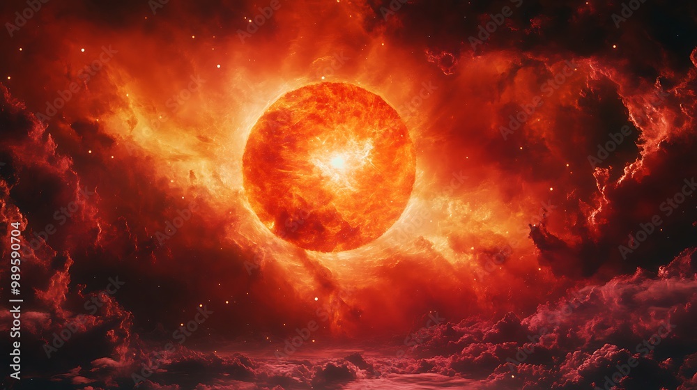 Red Giant Star Radiating Light Through a Nebula and Molecular Cloud, Shaped by Dark Matter Forces Red Giant Star Radiating Light Through a Nebula and Molecular Cloud, Shaped by Dark Matter Forces