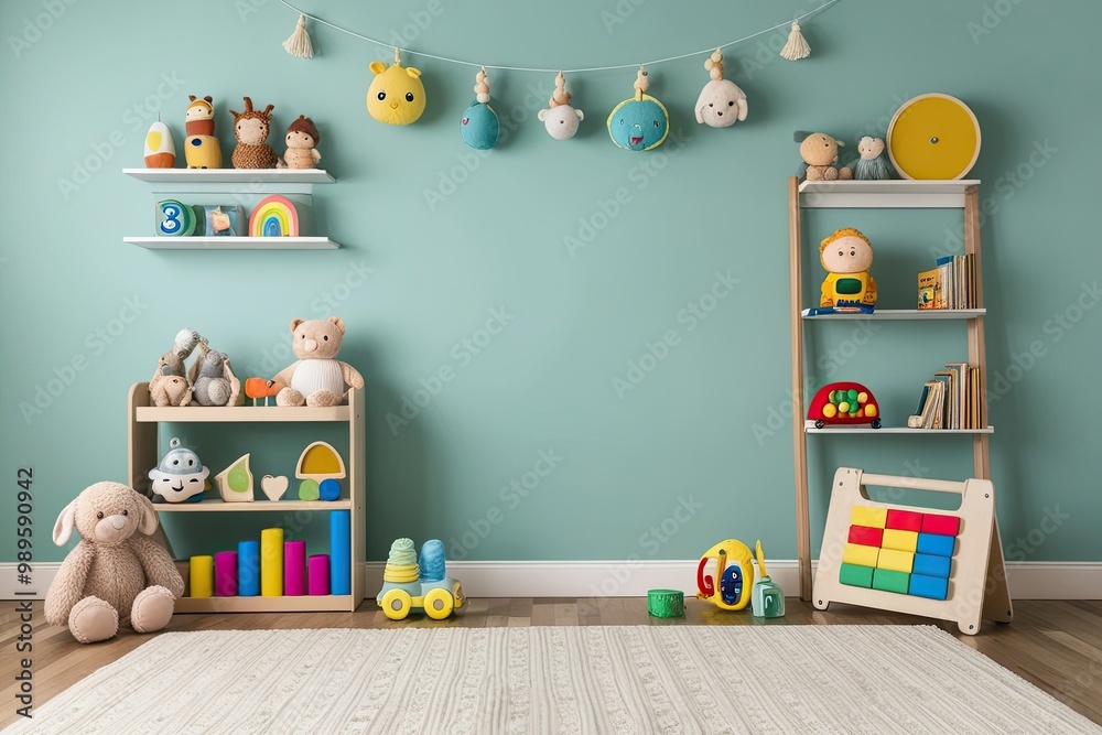 Cozy Nursery Backdrop Featuring Soft Toys and Educational Items for Toddlers on Pale Aqua Background Cozy Nursery Backdrop Featuring Soft Toys and Educational Items for Toddlers on Pale Aqua Background