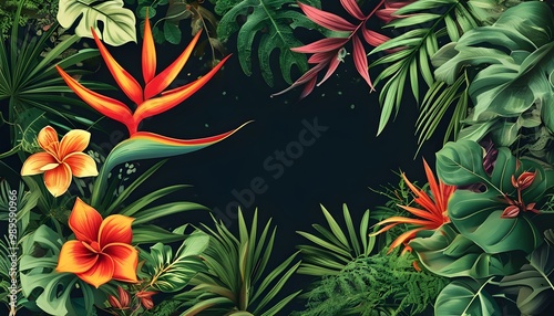 Vibrant Tropical Frame Design Featuring Exotic Leaves for Seasonal Promotions and Creative Projects