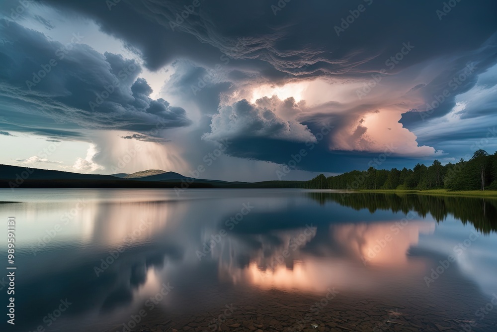 Serene Lake Reflecting Dramatic Stormy Clouds in a Tranquil Landscape Serene Lake Reflecting Dramatic Stormy Clouds in a Tranquil Landscape