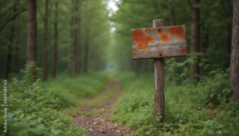 an empty sign board on the background of a forest, made of wood, old and weathered plaque an empty sign board on the background of a forest, made of wood, old and weathered plaque
