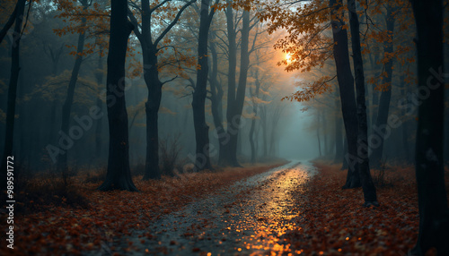 forest in autumn season, beautiful nature in morning, rainy weather, cloudy