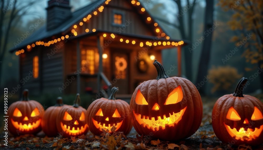 Fototapeta premium a house decorated with pumpkins and decorations and lights for the Halloween holiday, a rural house in the night forest, autumn nature