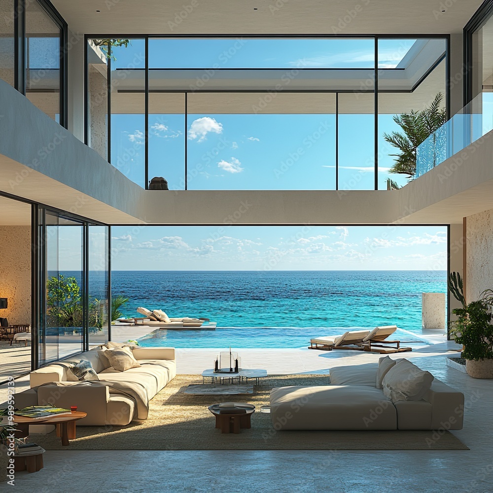 Fototapeta premium Modern beach house windows framing a vibrant blue ocean scene wallpaper