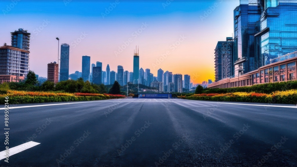 Asphalt road square and city skyline with modern buildings scenery at sunrise Asphalt road square and city skyline with modern buildings scenery at sunrise