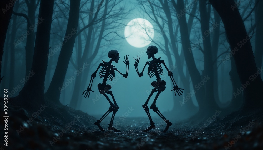 Skeleton ghost on a dark night in the forest, moonlight and mysterious setting, Halloween Skeleton ghost on a dark night in the forest, moonlight and mysterious setting, Halloween