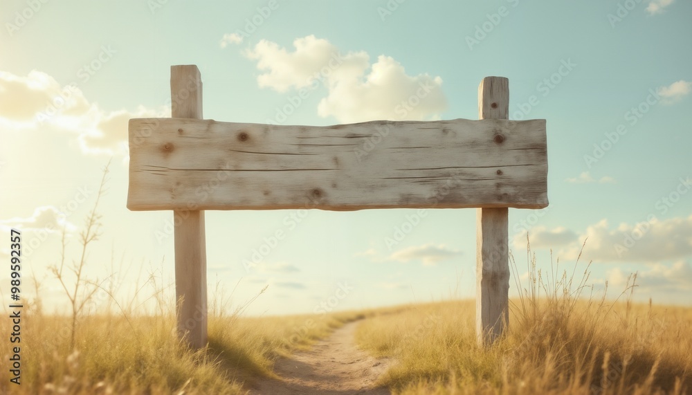 an empty sign board on the background of a bright sky and field, a plaque made of wood, old and weathered an empty sign board on the background of a bright sky and field, a plaque made of wood, old and weathered