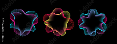 A set of multicolored neon sound waves. Sound lines, radial spectrum, . Colorful equalizer background. Colorful cover for music poster and banner. Vector radial spectrum.