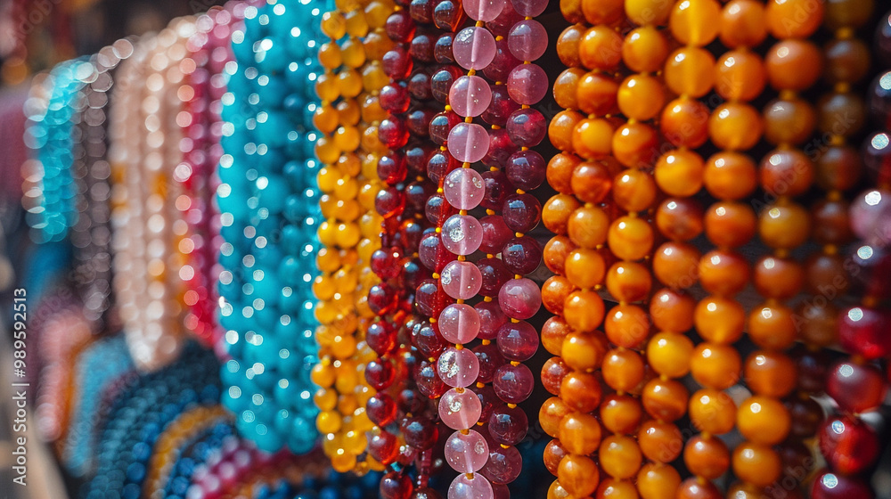 Strings of colored natural semiprecious glass bead necklaces. Colorful necklace beads. Wooden beads on display at the Market Strings of colored natural semiprecious glass bead necklaces. Colorful necklace beads. Wooden beads on display at the Market
