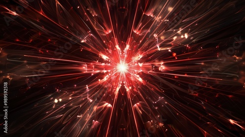 A glowing red star-shaped light beam radiates from the center of an abstract background