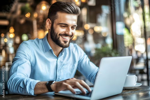 Smiling man using laptop in cafe.