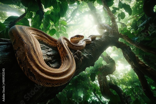 View from below of a striped brown snake draped over a gnarled tree branch, with lush forest canopy filtering soft light through dense foliage. photo