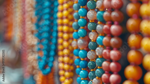 Strings of colored natural semiprecious glass bead necklaces. Colorful necklace beads. Wooden beads on display at the Market