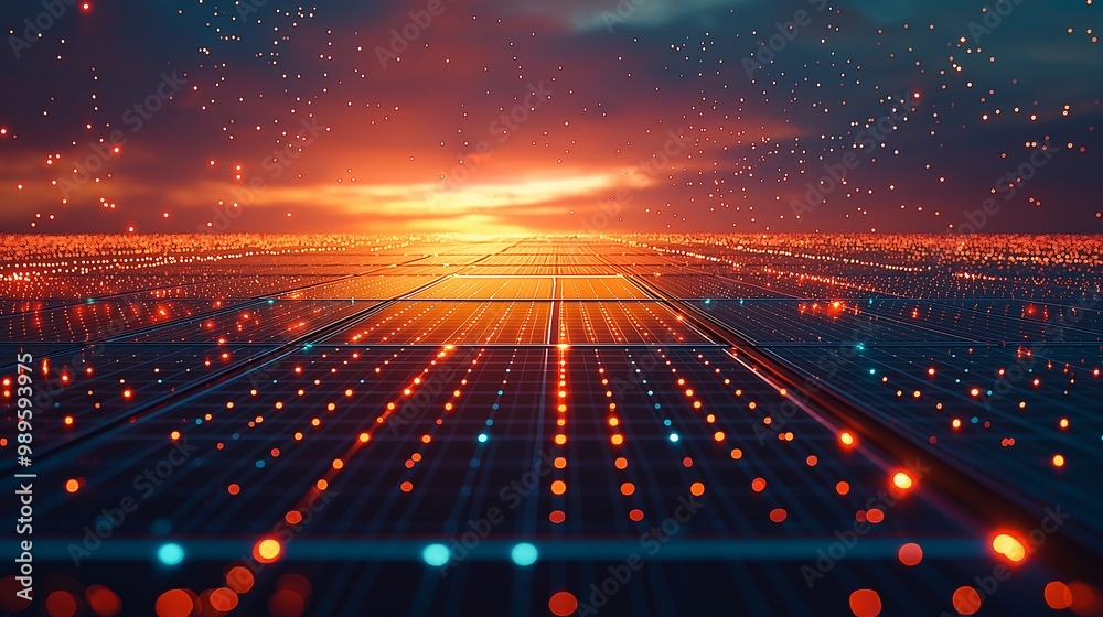 Obraz premium Solar Panel Grid Glowing Sunset Renewable Energy