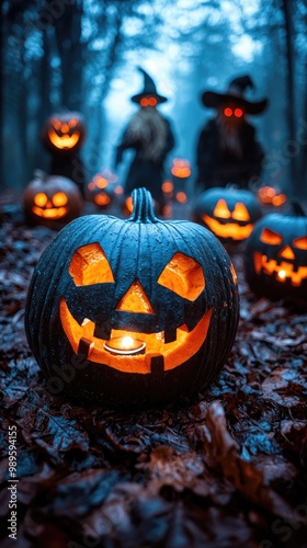 A creepy pumpkin patch at twilight, glowing jack-o'-lanterns with eerie faces, mist creeping between the rows, and a silhouette of a scarecrow coming to life in the background..