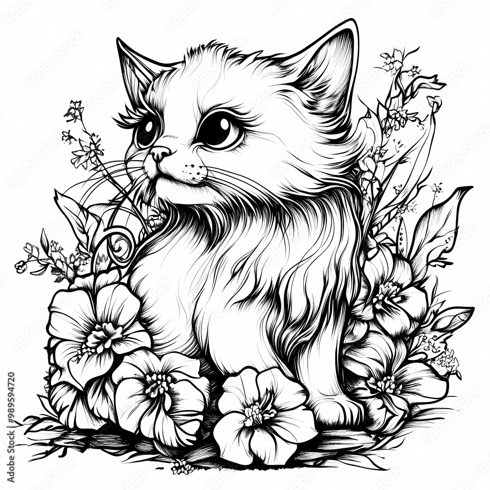 Obraz premium Adorable cat coloring page for children, perfect for creative stock illustrations.