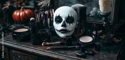 Vintage vanity display of Halloween makeup including dark eyeshadows and black lipstick.