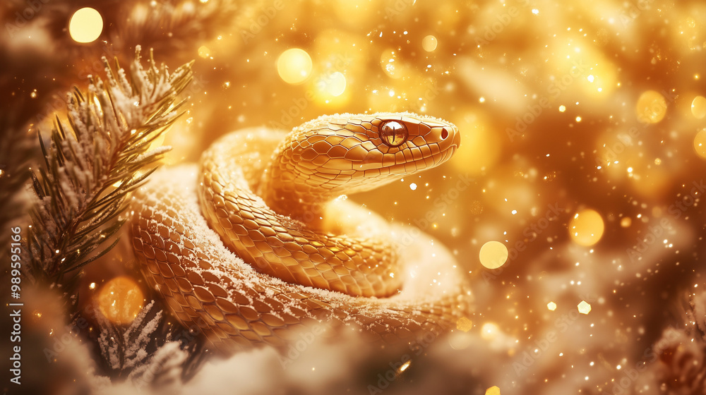 Shimmering golden snake resting in snow with magical glowing lights Shimmering golden snake resting in snow with magical glowing lights