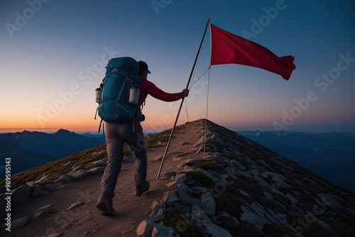 Backpacker Climbing to the Summit with Flag Waving at Dusk photo