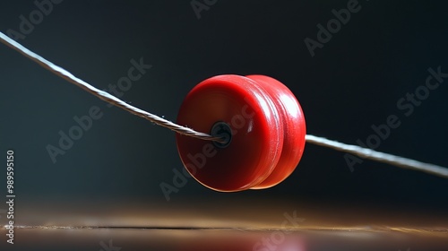 A yo-yo is a toy consisting of an axle connected to two disks, and a string looped around the axle. The yo-yo is thrown downward and then pulled back up by the string photo