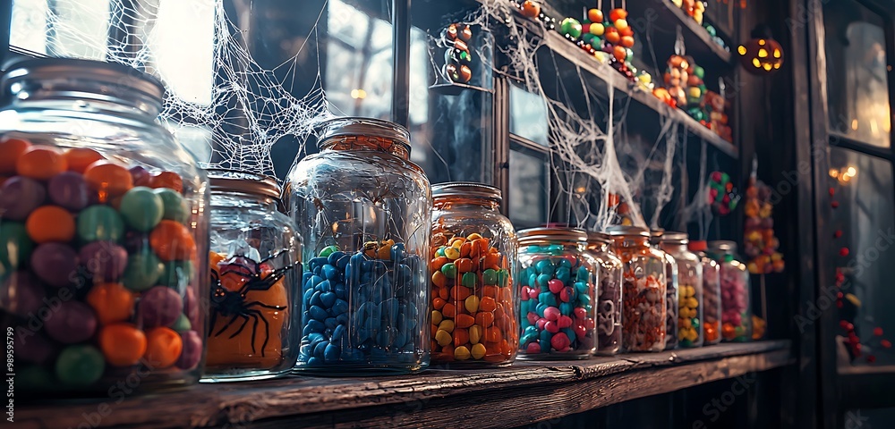 Classic Halloween candy store interior with jars of colorful candies and spooky decor. Classic Halloween candy store interior with jars of colorful candies and spooky decor.