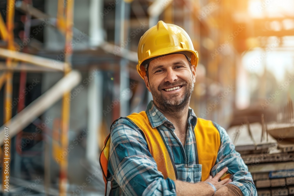 A man wearing a yellow hard hat and orange vest is smiling, generative ai A man wearing a yellow hard hat and orange vest is smiling, generative ai