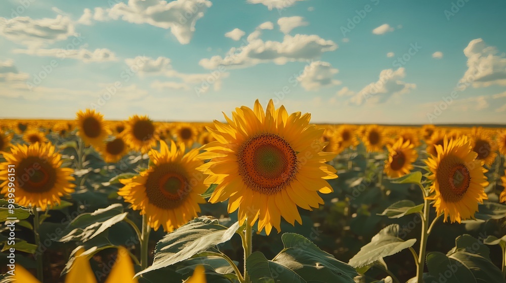 Fototapeta premium Amidst the vast Ukrainian countryside, golden sunflowers stand proudly, their towering stems reaching for the sky. Their enormous blooms, painted in vibrant shades of yellow, resemble miniature suns